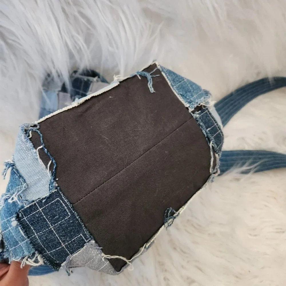 Denim Canvas Patchwork Crossbody Shoulder Bag Y2K Upcycle Bucket Boho Hippie‎ - Picture 7 of 14